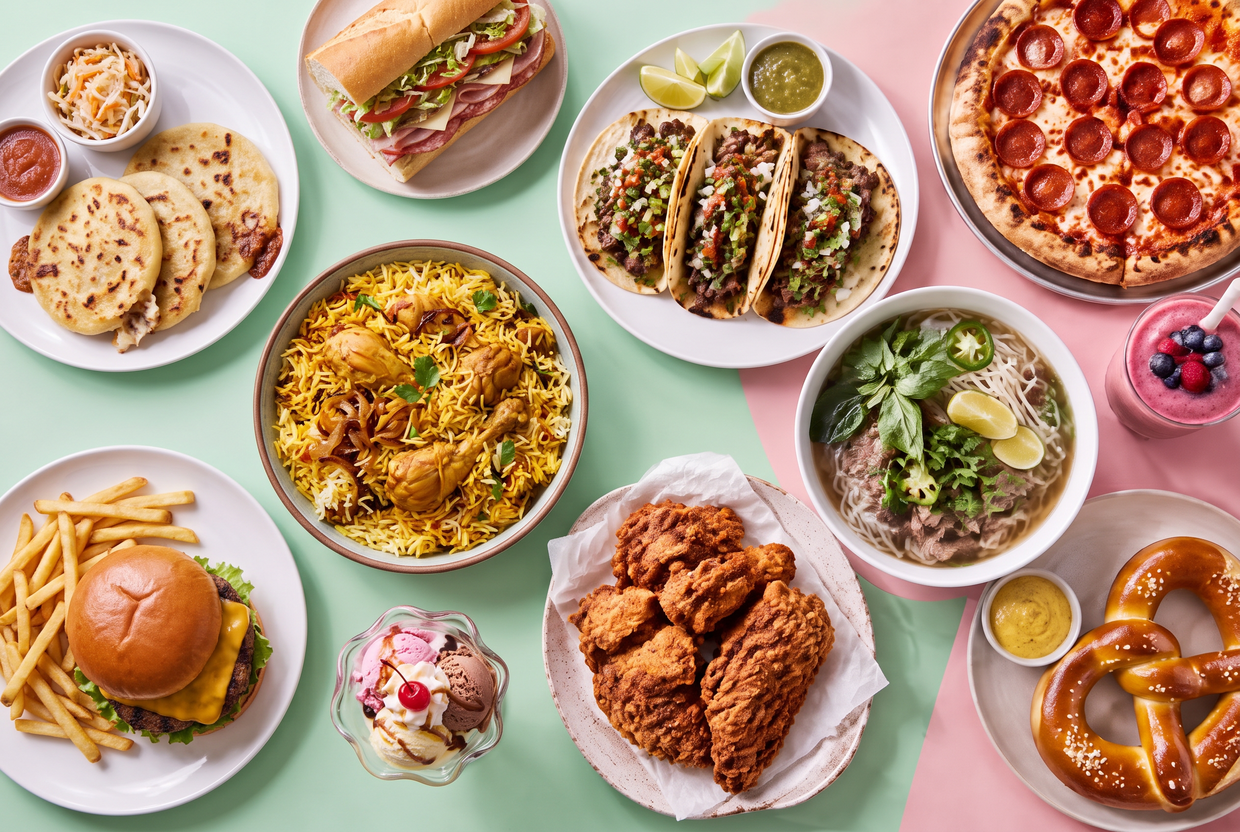 A colorful spread of food available at Beltway Plaza
